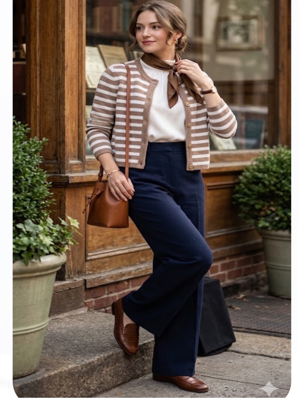 J. Crew Striped Button-Front Cardigan in Cream & Brown